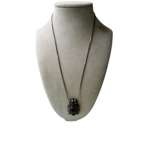 Elegant Silver Tone Square Pendant Necklace with Purple Gem Accent Vintage